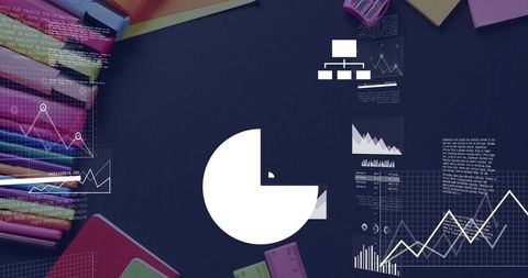 Presenting white pie chart overlay on desk with colorful notebooks, charts and analytics