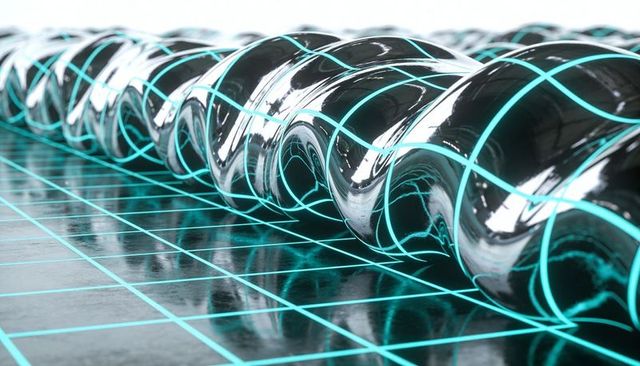 Glossy chrome helix running diagonally over neon cyan grid reflecting futuristic design