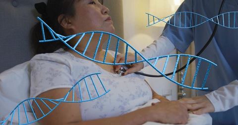 Homecare Clinician Listening to Korean Woman with DNA Helix Overlay