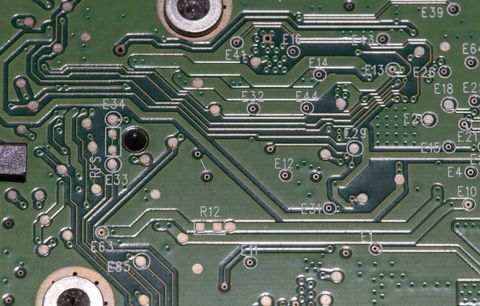 Close-up of green electronics circuit board