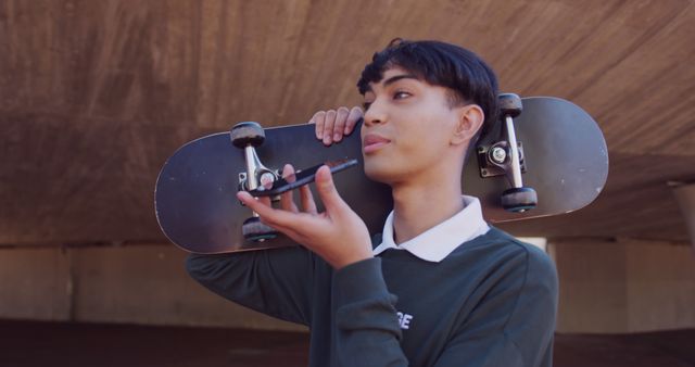 Young Man Holding Skateboard While Using Smartphone Outdoors - Download Free Stock Images Pikwizard.com