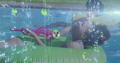 Young woman relaxing on inflatable float holding pink water gun with AR icons overlay