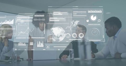 Diverse team reviewing holographic analytics dashboards for collaborative planning in boardroom