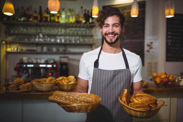 Smiling Waiter Holding Baskets of Fresh Bread in Cafe - Download Free Stock Images Pikwizard.com