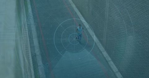 Woman running in urban alley with futuristic overlay