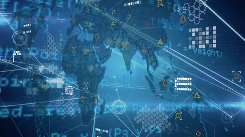 Global Network Connections Overlaid on World Map with Data Elements