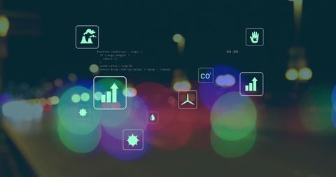 Digital Icons and Code Overlay on Blurred Night Traffic - Download Free Stock Images Pikwizard.com