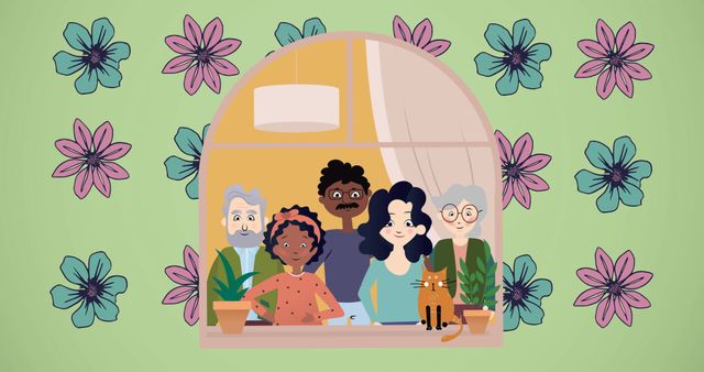 Illustration showing cheerful family embracing inside house framed by arched window on green background featuring flowers. Characters of different ages display bonds of love and support. This artwork can be used to depict family festivities, loving households, unity themes in social campaigns, and friendly community initiatives.