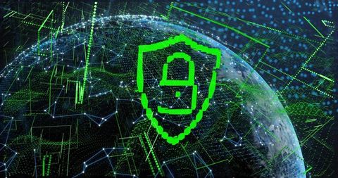 Neon Green Cyber Shield 9 Hovering Over Digital Earth Network with Global Data Streams