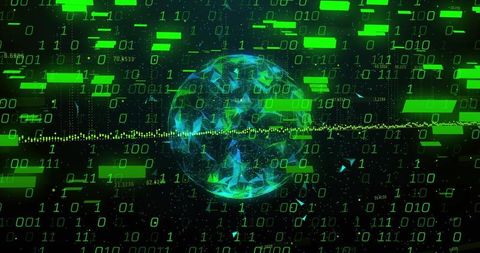 Rotating digital globe glowing in neon cyberspace with binary code and data waveform