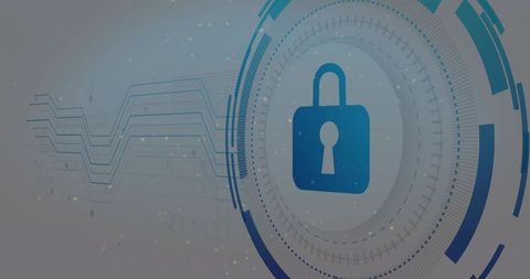 Displaying Blue Padlock in Futuristic HUD Rings for Cybersecurity and Encryption