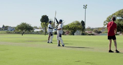 Cricket teammates celebrating boundary with raised bats on sunny suburban green pitch