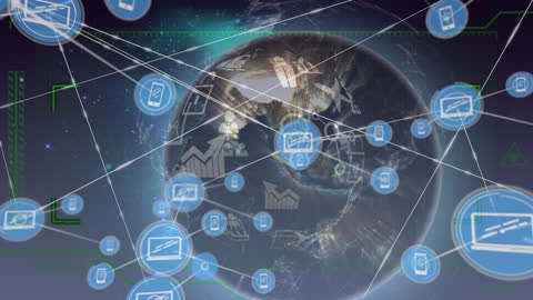 Global Network Connections with Digital Icons on Earth