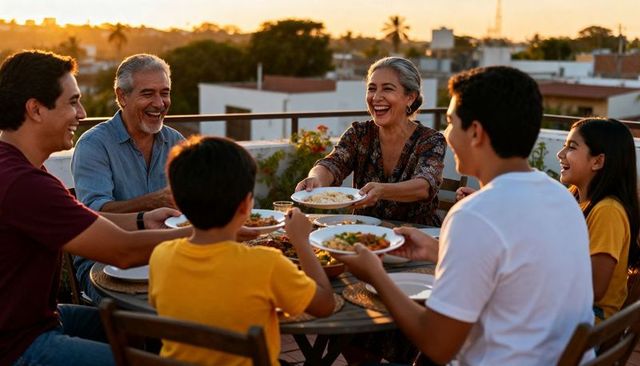 Multigenerational family sharing sunset dinner on rooftop terrace, laughing and passing plates