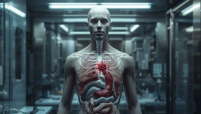 Androgynous Model Showing Anatomy with Highlighted Viral Infection in Lab Corridor