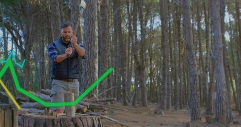 Man Splitting Firewood with Axe in Pine Forest with Green Growth Overlay for Business Use