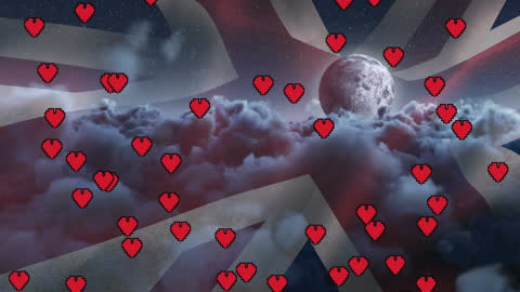 UK Flag with Floating Heart Icons Under Moonlit Sky