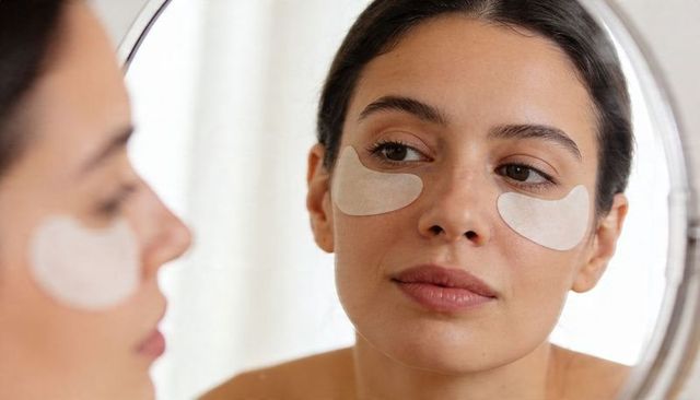 Gazing woman wearing hydrogel under-eye patches checking complexion in round mirror