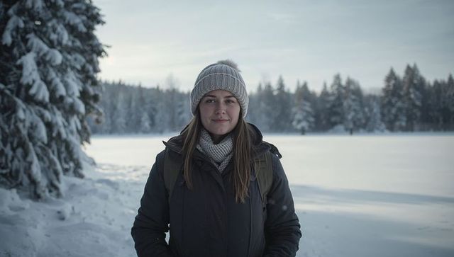 Young woman standing in snowy forest wearing knit beanie, scarf and backpack