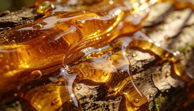 Glistening amber resin flowing over rough bark with golden bubbles and sunlit translucence