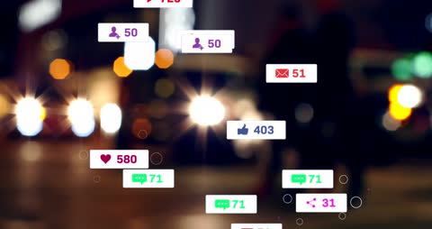 Animated Social Media Interaction Icons Over City Lights