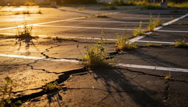 Weeds sprouting through cracked asphalt parking lines casting long shadows at sunset