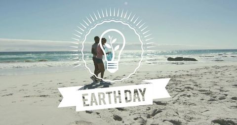 Couple walking along sunlit beach with Earth Day graphic overlay promoting eco awareness