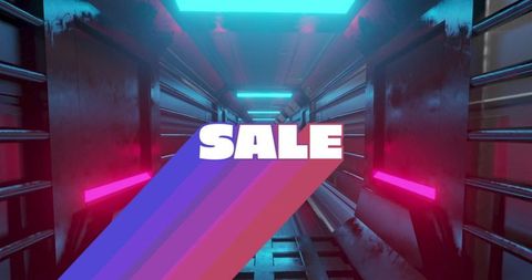 Glowing 3d sale sign in futuristic neon tunnel
