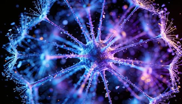 Glowing neuron-like node radiating crystalline filaments in luminous cybernetic network
