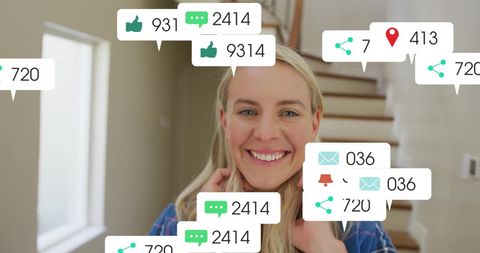 Smiling Woman Amidst Social Media Notifications and Metrics