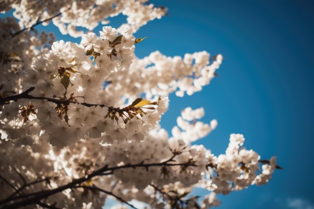 Beautiful cherry blossoms in full bloom set against a clear blue sky. Ideal for spring-themed promotions, nature articles, greeting cards, or social media content highlighting seasonal beauty and natural landscapes.