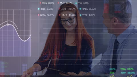 Professionals Analyzing Stock Market Data with Transparent Overlays
