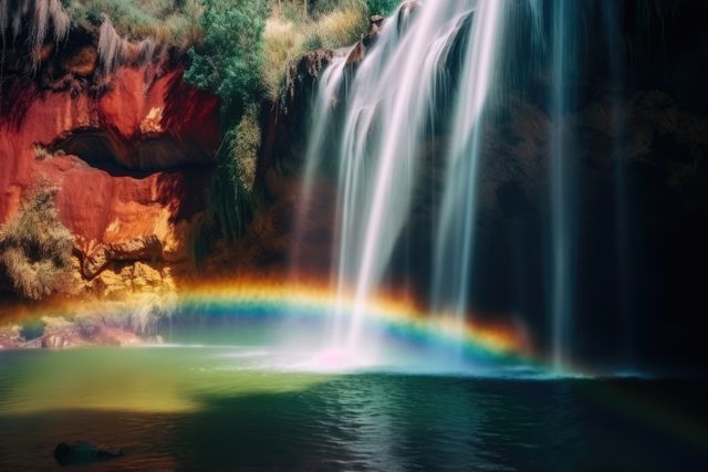 A stunning waterfall flows down from rocky terrain into a clear pond, with a vibrant rainbow forming near the water's surface. Perfect for use in travel brochures, nature photography collections, and backgrounds for inspirational content.