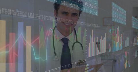 Smiling doctor with data overlays highlighting medical analytics