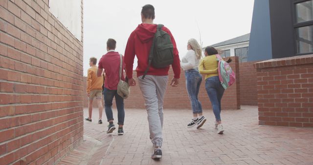 Group of diverse students walking away from school building. Secondary school, education, learning, friendship and teenage hood concept, unaltered.
