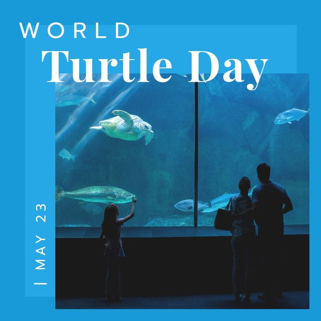Composite image of world turtle day text with tourists looking at turtles at aquarium, copy space. illustration, world turtle day, endangered, save turtle and social awareness.