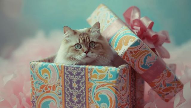 Tabby cat popping out of decorative pastel gift box with ribbon