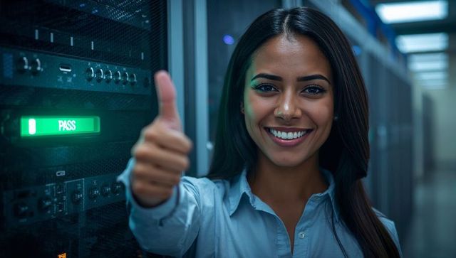 Smiling IT woman giving thumbs-up in datacenter aisle showing PASS status on server rack