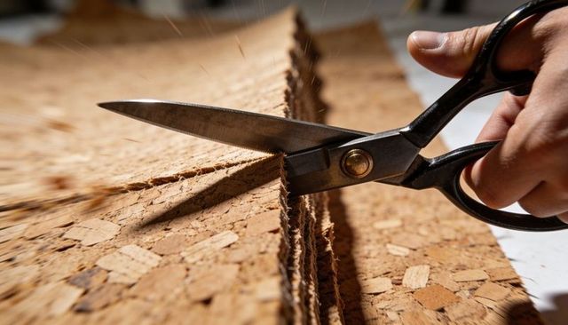 Craftsperson cutting cork sheets with heavy scissors on workbench — close-up texture