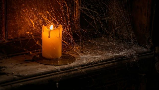 Eerie Candlelight with Spider Webs Creating Moody Atmosphere