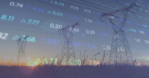 Power lines amidst financial data at dusk symbolizing technological progress