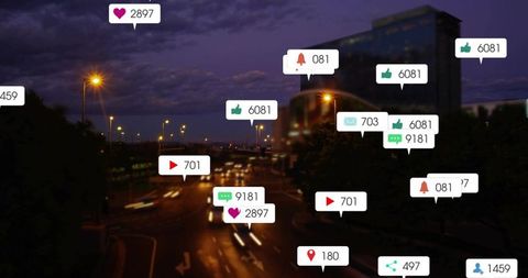 City night traffic displaying floating social media notifications and blurred light trails