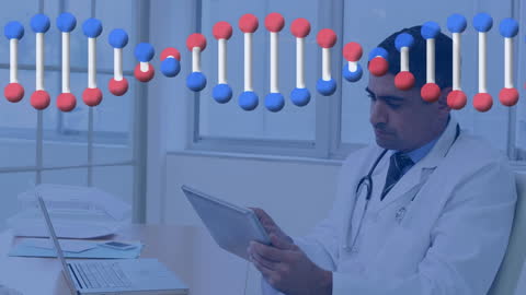 Scientist Analyzing DNA Model with Tablet for Genetic Research