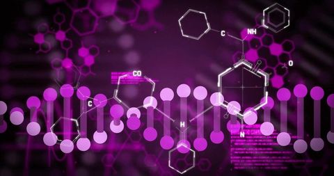 Futuristic magenta genomics interface visualizing dna helix and molecular structures