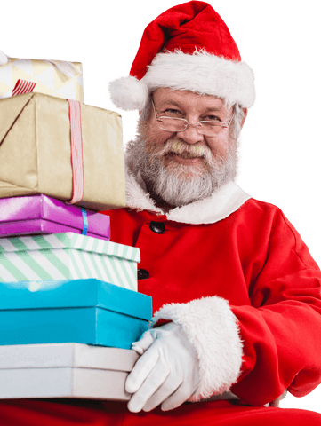 Smiling Santa Claus in Red Suit Holding Christmas Presents Transparent