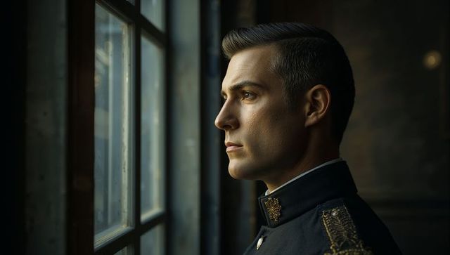 Gazing Officer in Elegant Uniform in Historic Interior