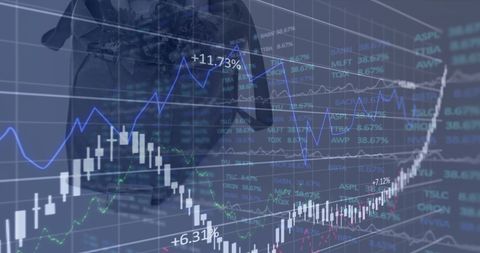 Fluctuating stock market data on cityscape background