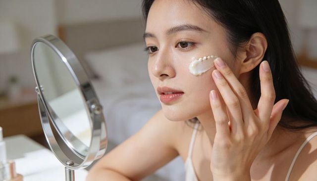 Young woman applying face cream at bedroom vanity, smoothing for dewy skin
