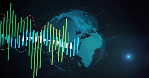 Neon 3D Globe with Vertical Bar Chart and Real-Time Financial Data Visualization Dashboard