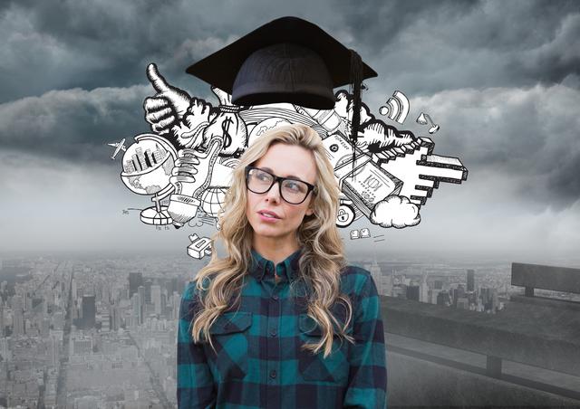 Image features a thoughtful woman wearing glasses, standing in front of cityscape with a digitally drawn graduation cap and various educational and inspirational icons above her head. Useful for illustrating concepts such as academic achievement, future planning, and educational goals in urban settings. Ideal for use in blogs, educational websites, inspirational articles, and promotional materials related to education or urban living.
